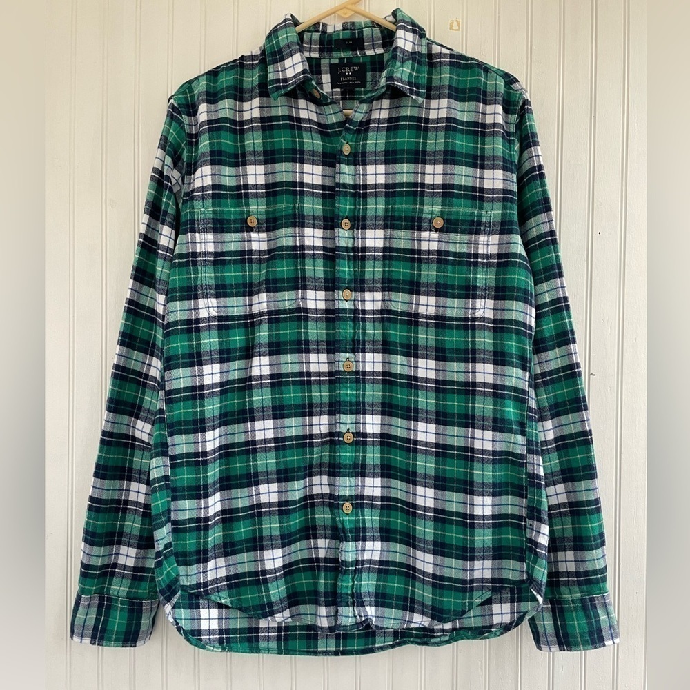 J.Crew Factory Men's Green Blue Plaid Slim Fit Flannel Button Down Shirt Medium